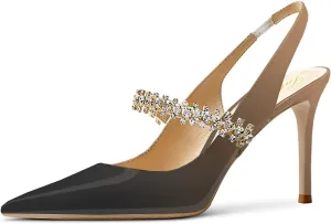 Lutalica W Women's Patent Leather Pointed Toe Glitter Crystal Strappy Mid High Heel Dress Slingback Pumps