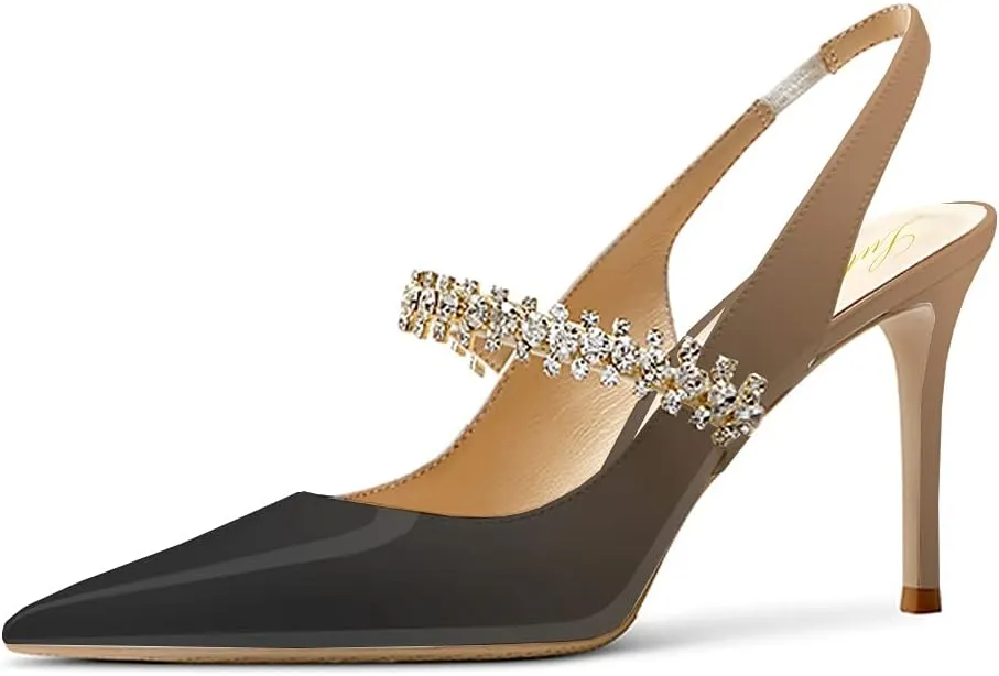 Lutalica W Women's Patent Leather Pointed Toe Glitter Crystal Strappy Mid High Heel Dress Slingback Pumps