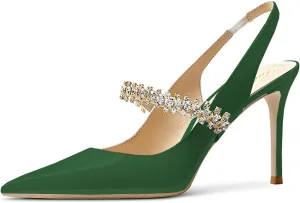 Lutalica W Women's Patent Leather Pointed Toe Glitter Crystal Strappy Mid High Heel Dress Slingback Pumps