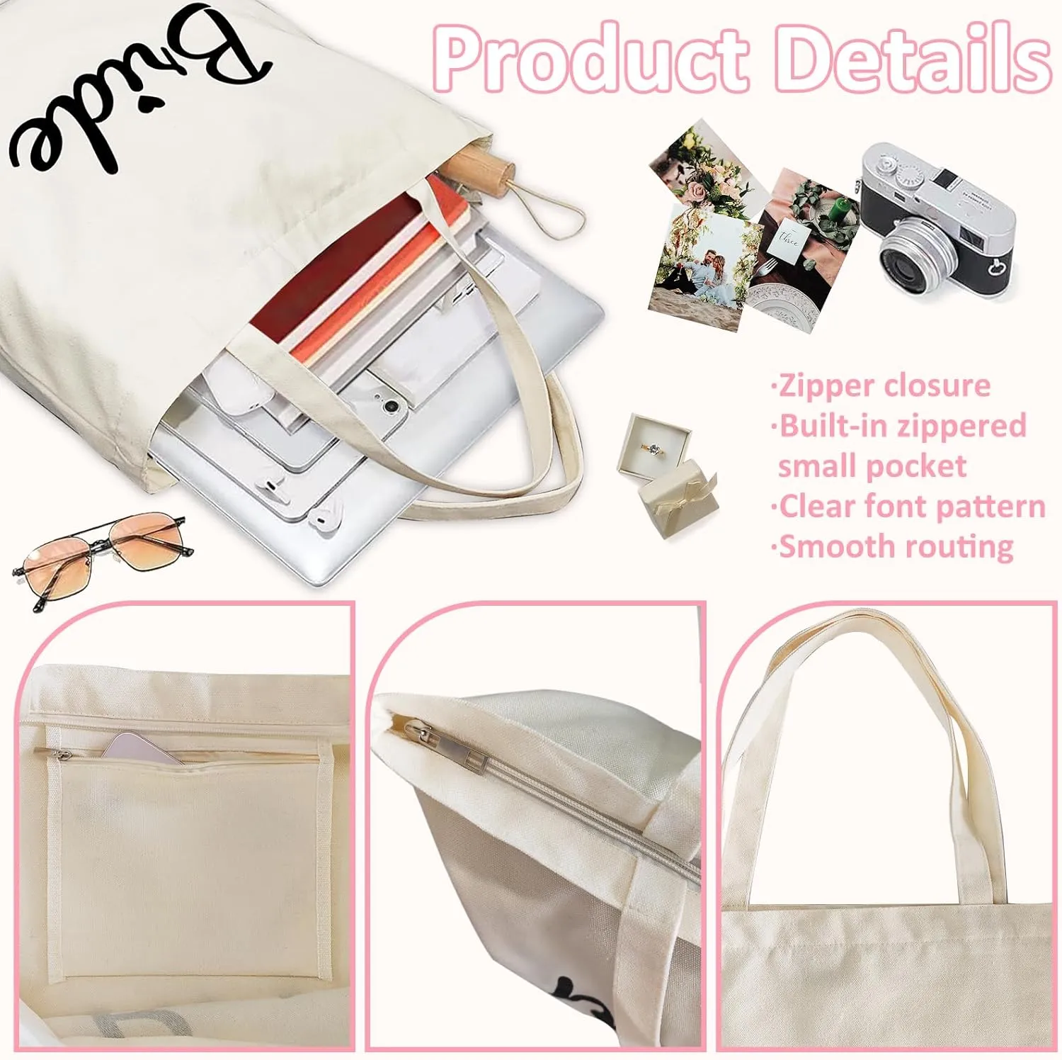 Lutto Canvas Bag with Zip Pocke - Wedding Engagement Bachelorette Birthday Mothers Day Gifts for Women
