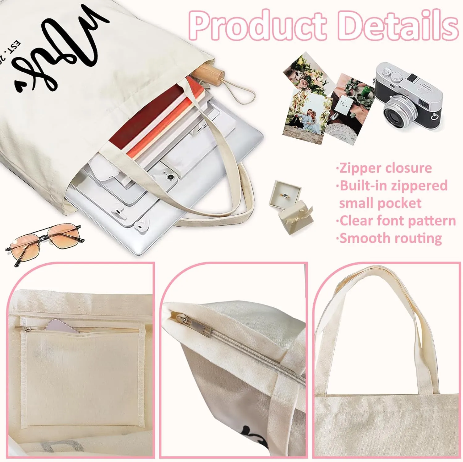 Lutto Canvas Bag with Zip Pocke - Wedding Engagement Bachelorette Birthday Mothers Day Gifts for Women