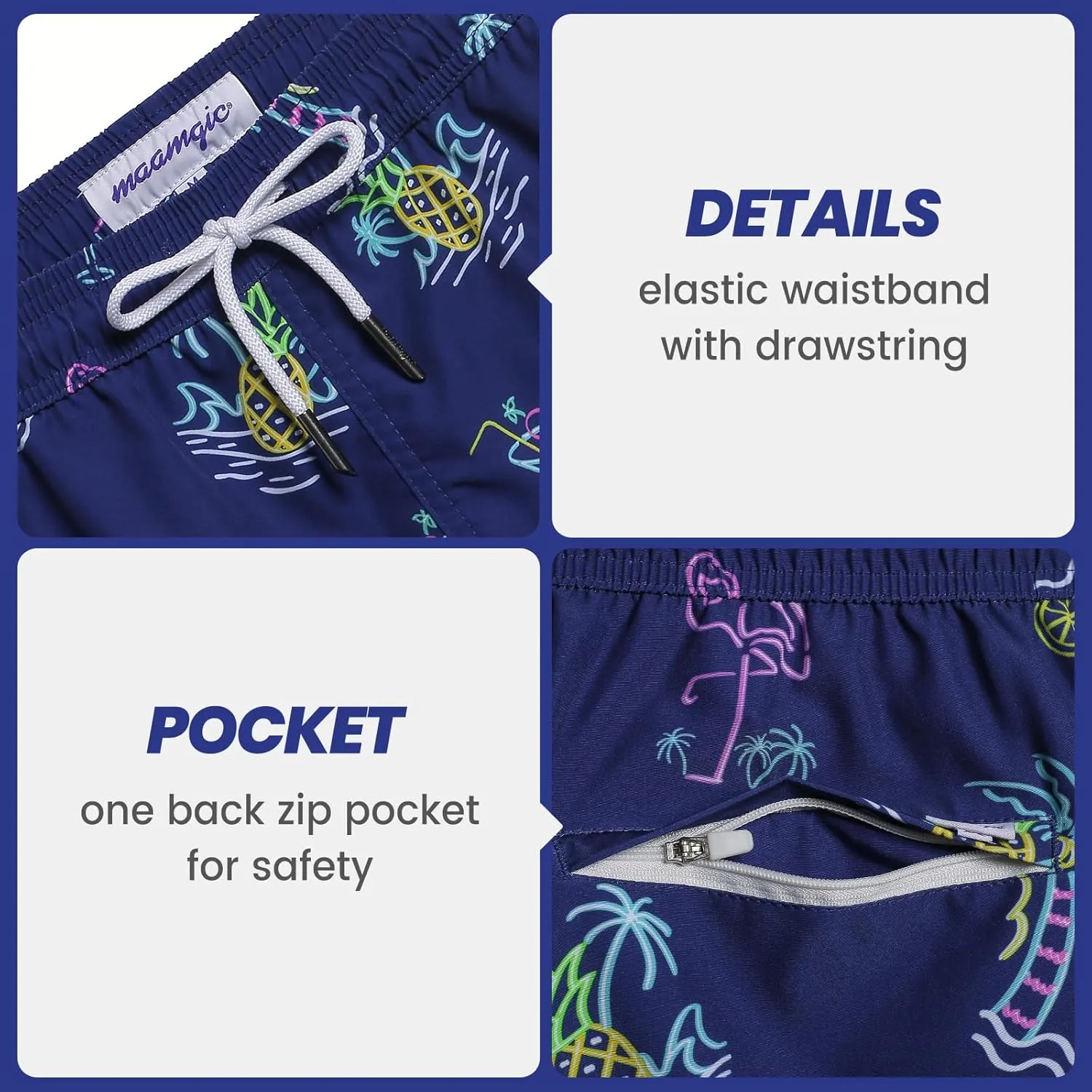 maamgic Mens Boys 80s 90s Vintage 4 Way Stretch Swim Trunks with Mesh Lining Quick Dry Swim Suits Board Shorts