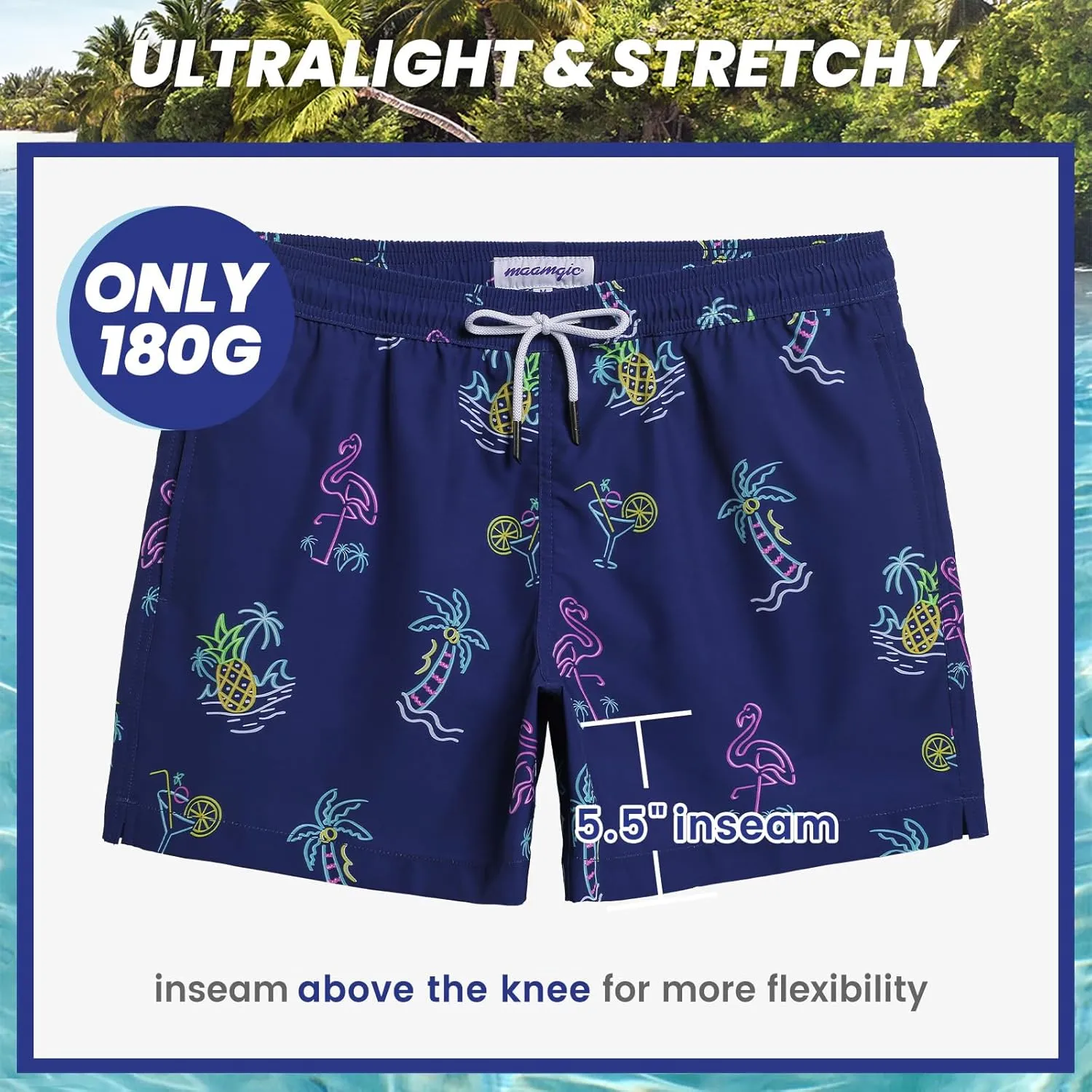 maamgic Mens Boys 80s 90s Vintage 4 Way Stretch Swim Trunks with Mesh Lining Quick Dry Swim Suits Board Shorts