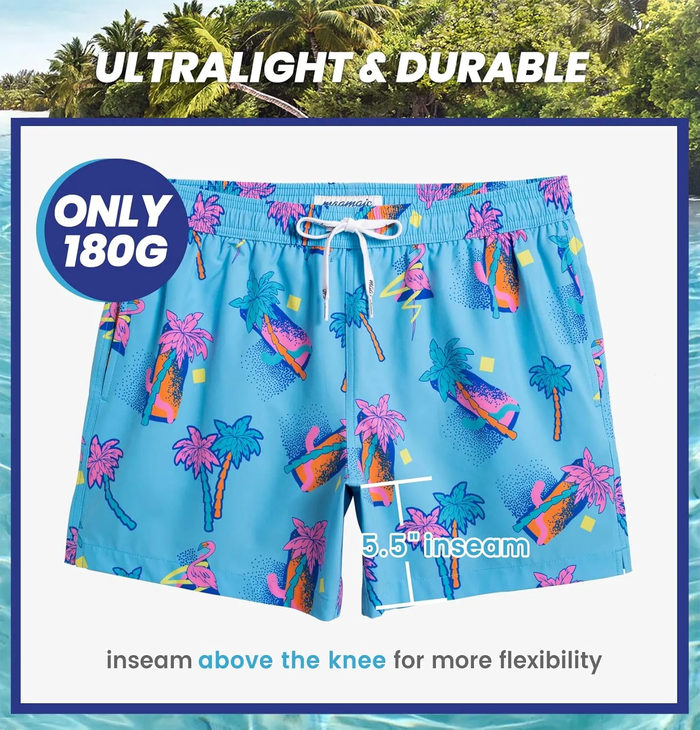maamgic Mens Boys 80s 90s Vintage 4 Way Stretch Swim Trunks with Mesh Lining Quick Dry Swim Suits Board Shorts