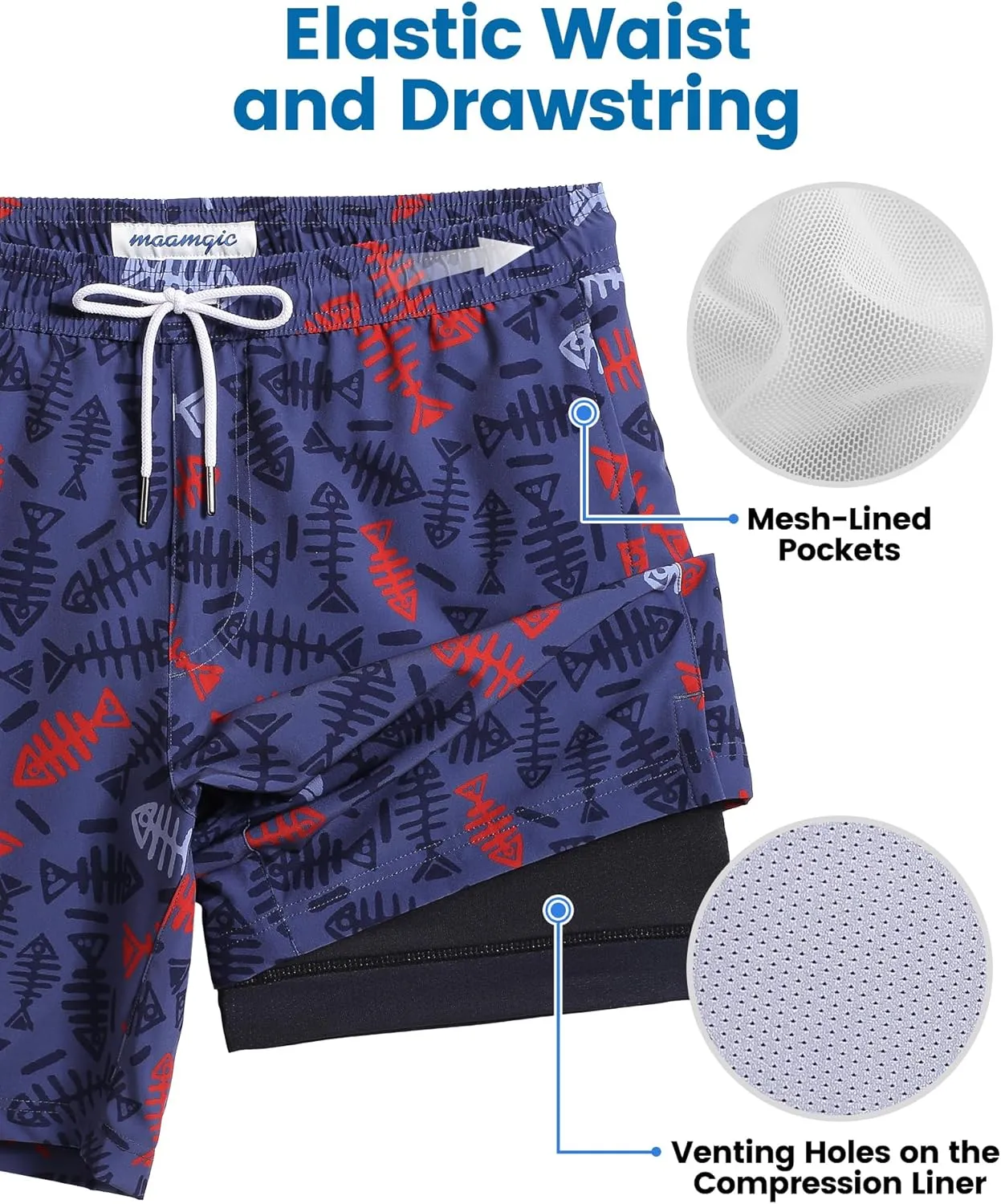 maamgic Mens Swim Trunks with Compression Liner 7 Inch Inseam Mens Bathing Suit Quick Dry Swimming Trunks Swimsuit