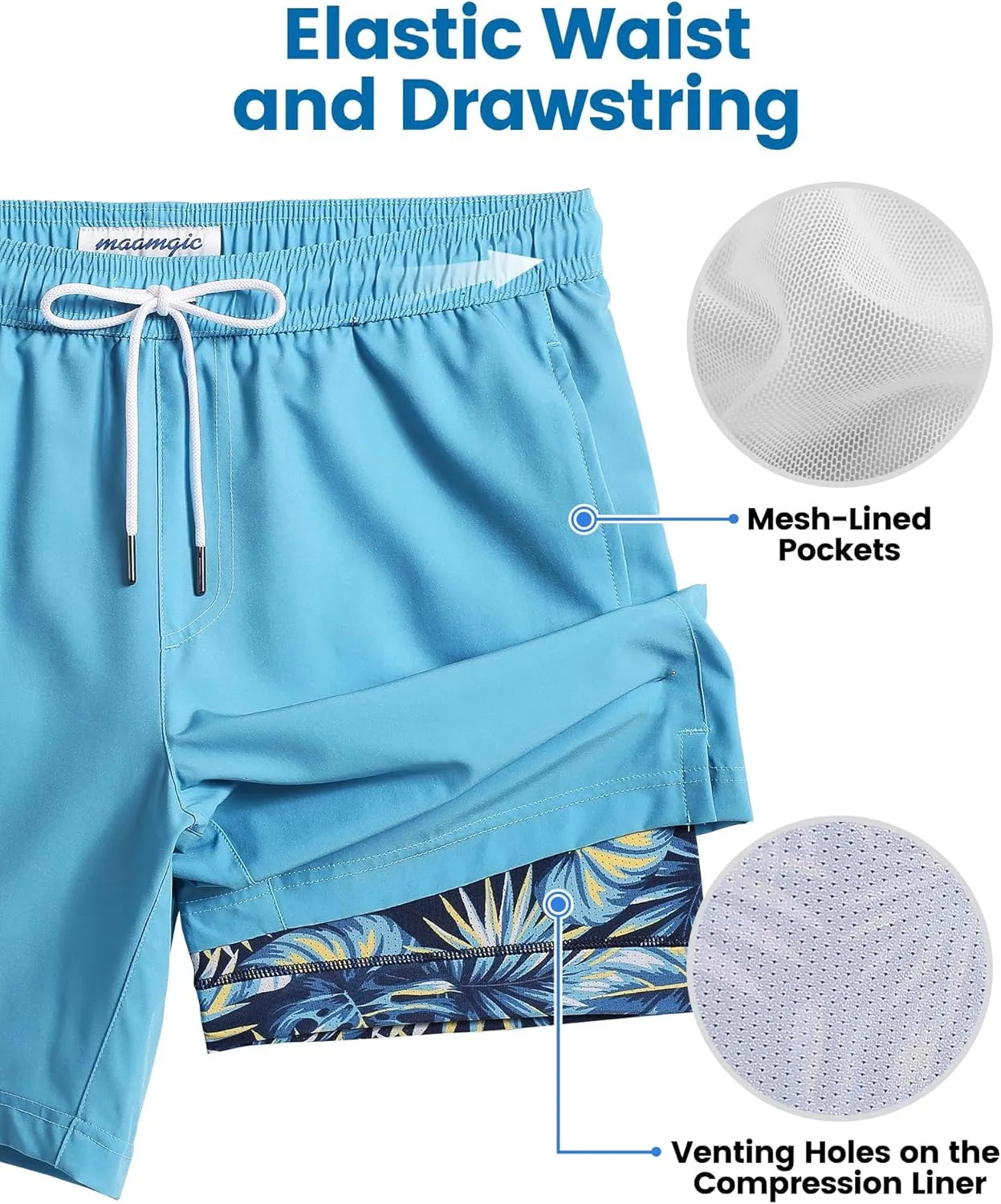 maamgic Mens Swim Trunks with Compression Liner 7 Inch Inseam Mens Bathing Suit Quick Dry Swimming Trunks Swimsuit