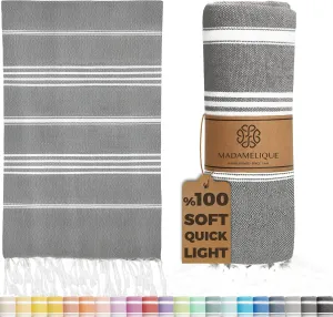 Madamelique Turkish Beach Towel Oversized - 39 x 74 - Quick Dry - Sand Free - Extra Large - Prewashed Beach Towels - Summer Gift - Beach Essentials (Mediterranean Without Bag, Dark Gray)