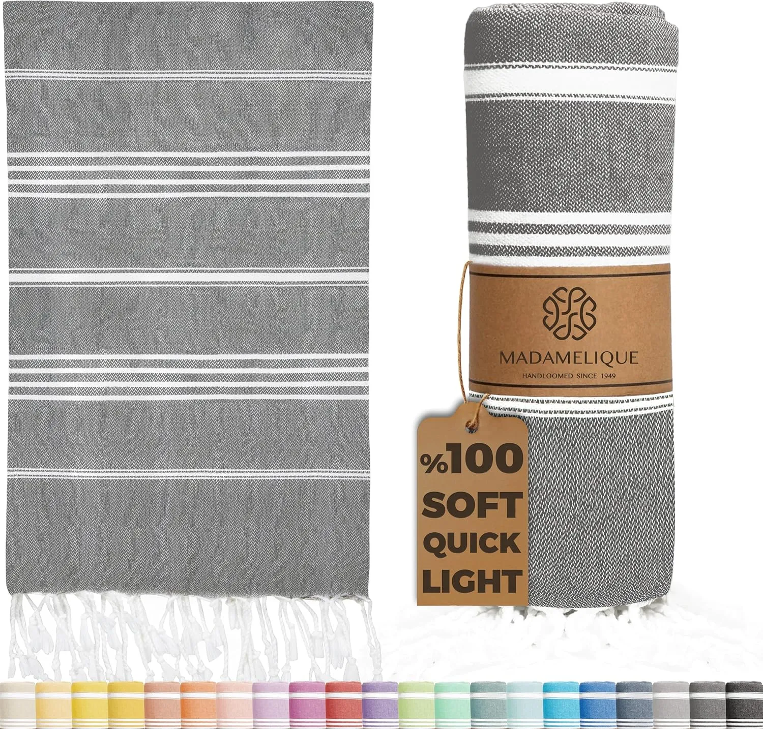 Madamelique Turkish Beach Towel Oversized - 39 x 74 - Quick Dry - Sand Free - Extra Large - Prewashed Beach Towels - Summer Gift - Beach Essentials (Mediterranean Without Bag, Dark Gray)