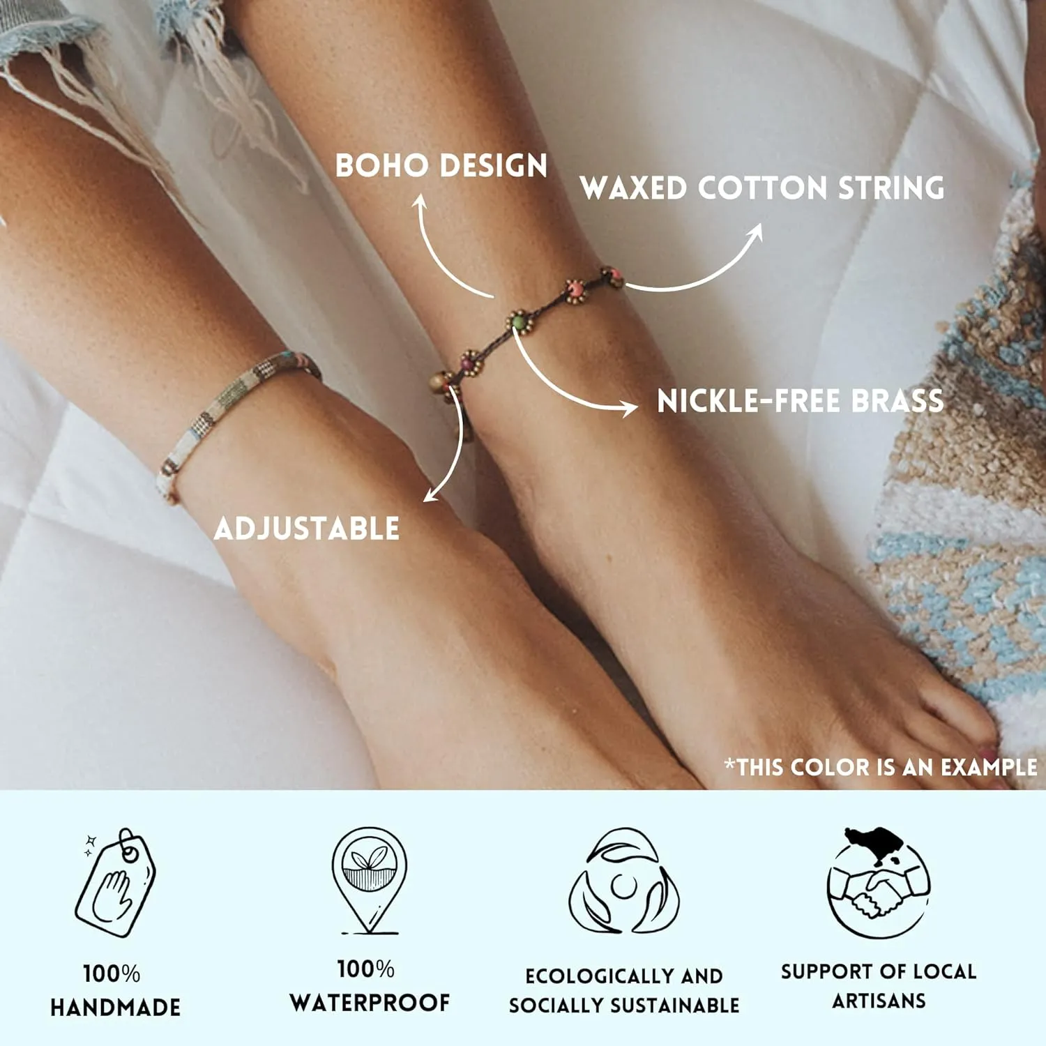 Made by Nami Boho Surfer Anklet Waterproof & Adjustable Beaded Anklets for Women Beachy Ankle Bracelet Made from Waxed Cotton Rope and Beads for Summer and Hippie Style (Oriental)