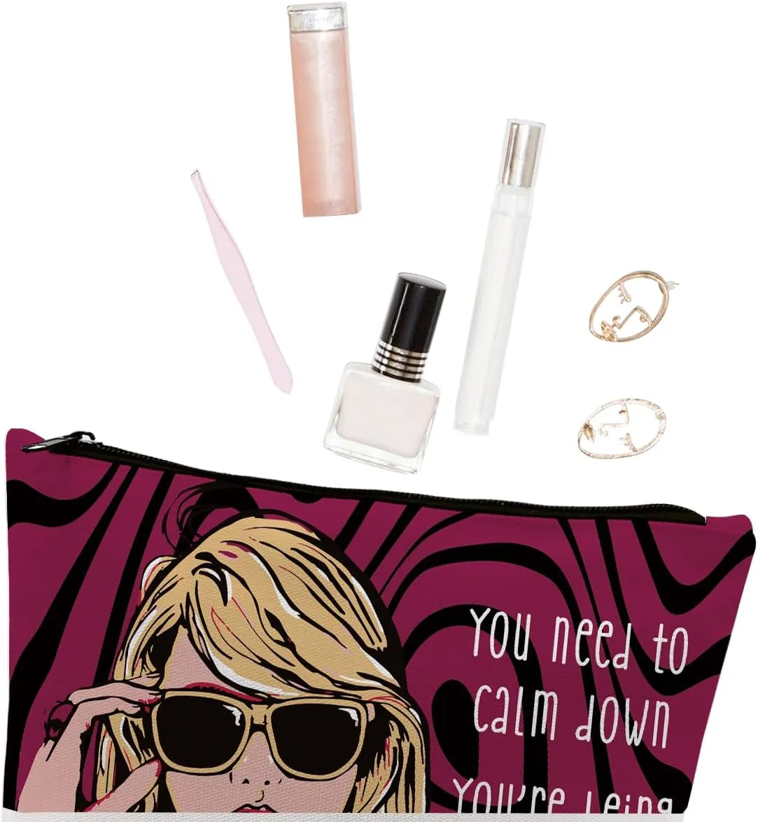 Makeup Bag Travel Toiletry Bag for Women Music Gift Fans Song Lyrics Gift Merchandise for Fans Friends Girls, Friendship Birthday Christmas Gift, You Need to Calm Down Album Black rose-red stripes
