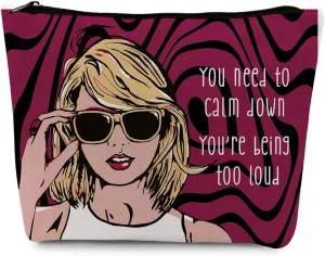 Makeup Bag Travel Toiletry Bag for Women Music Gift Fans Song Lyrics Gift Merchandise for Fans Friends Girls, Friendship Birthday Christmas Gift, You Need to Calm Down Album Black rose-red stripes