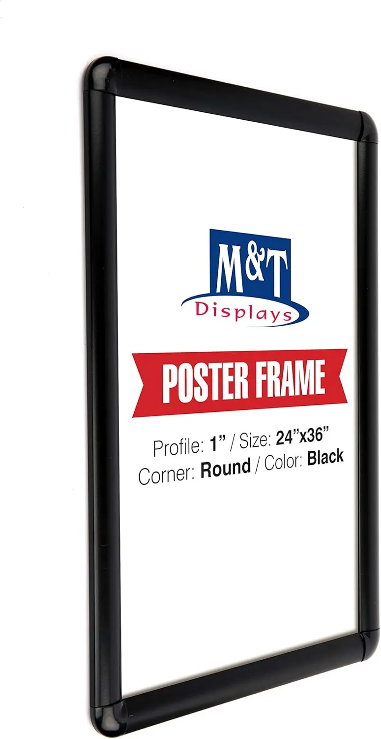 M&T Displays Snap Poster Frame 24x36 Inch Black 1" Aluminum Profile Front Loading Wall Mounting Photo Picture Document Certificate Sign Holder Round Corner Anti Glare Cover