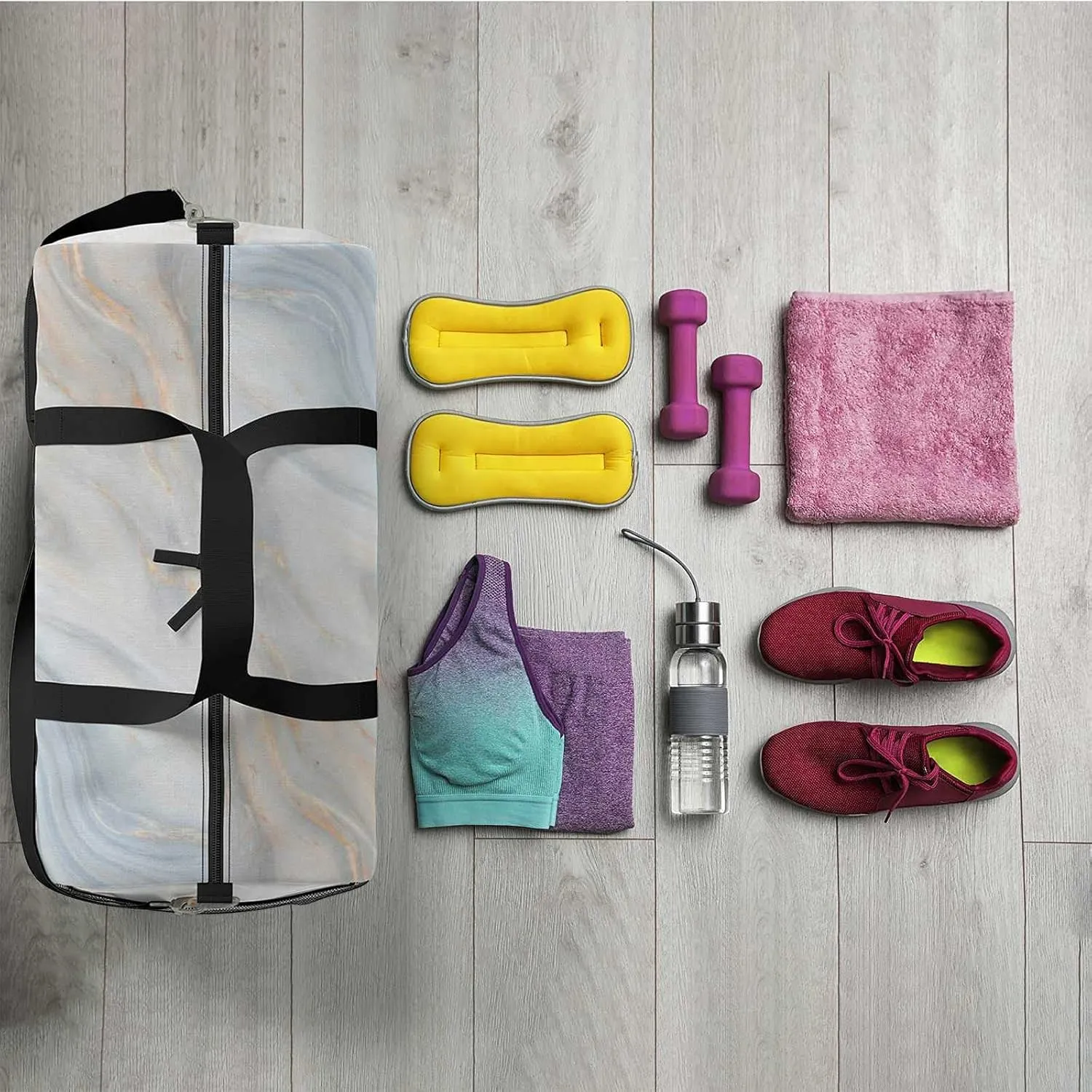 Marble Texture Sports Duffel Bag Travel Gym Tote Bags Lightweight Durable Shoulder Strap Waterproof Polyester Outside Mesh Pocket Overnight Trip Duffel Bag for Women Men