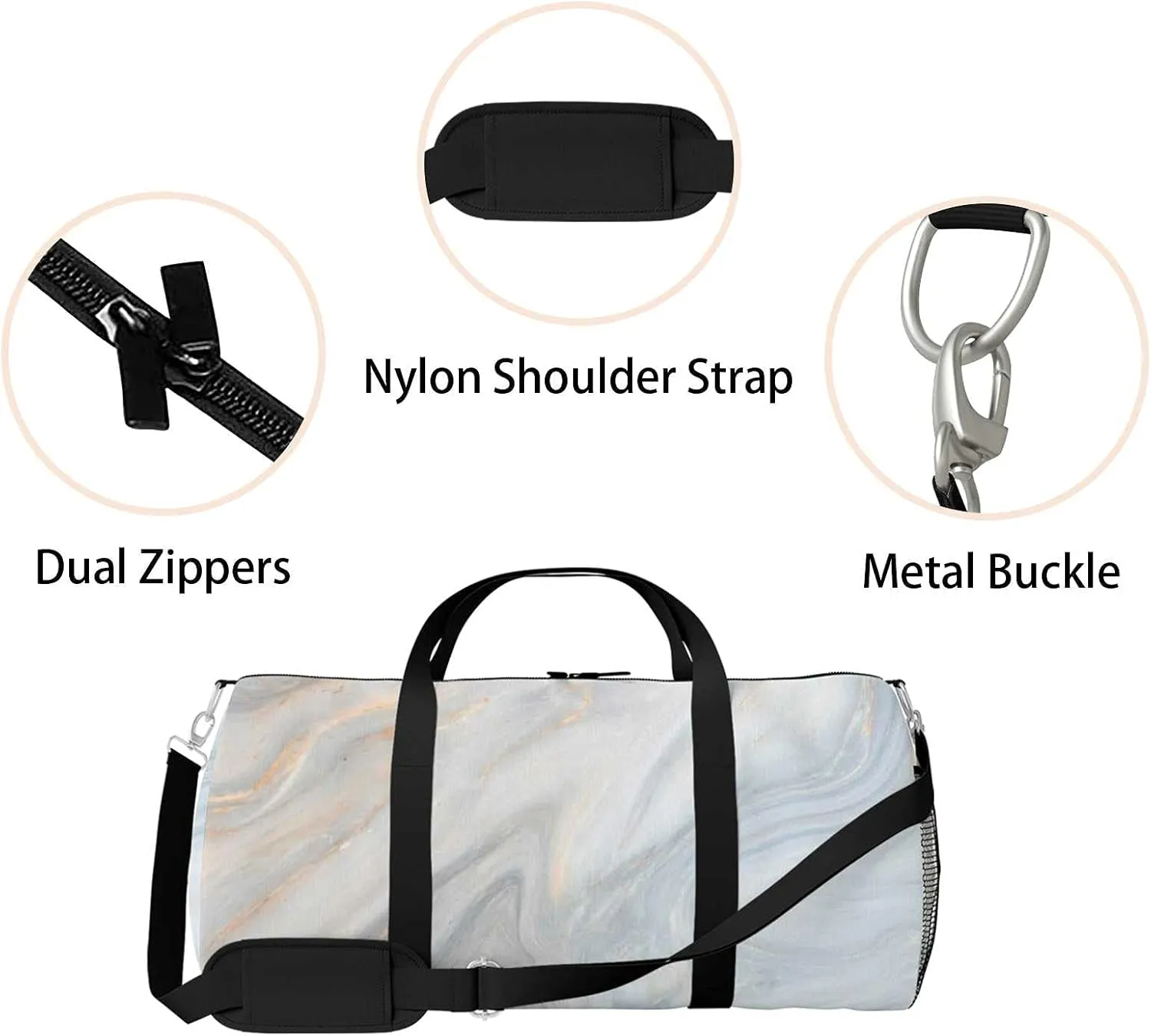 Marble Texture Sports Duffel Bag Travel Gym Tote Bags Lightweight Durable Shoulder Strap Waterproof Polyester Outside Mesh Pocket Overnight Trip Duffel Bag for Women Men