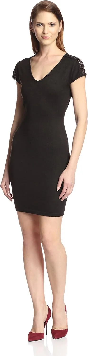 Marc New York by Andrew Marc Women's Short-Sleeve Lace-Trimmed Sweater Dress, Black, Small
