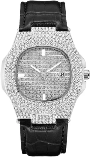 MASTOP Mens Fashion Leather Band Full Diamonds Wristwatch Luxury Business Dress Watch Bling Iced-Out Quartz Analog Watch
