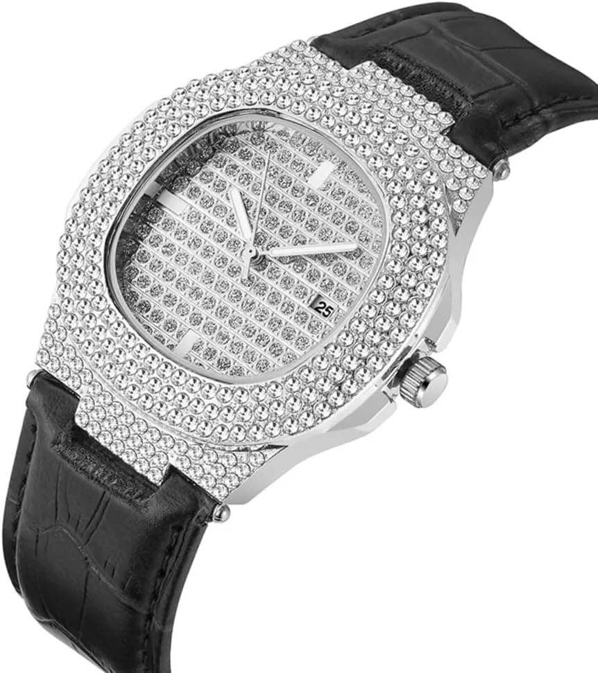 MASTOP Mens Fashion Leather Band Full Diamonds Wristwatch Luxury Business Dress Watch Bling Iced-Out Quartz Analog Watch