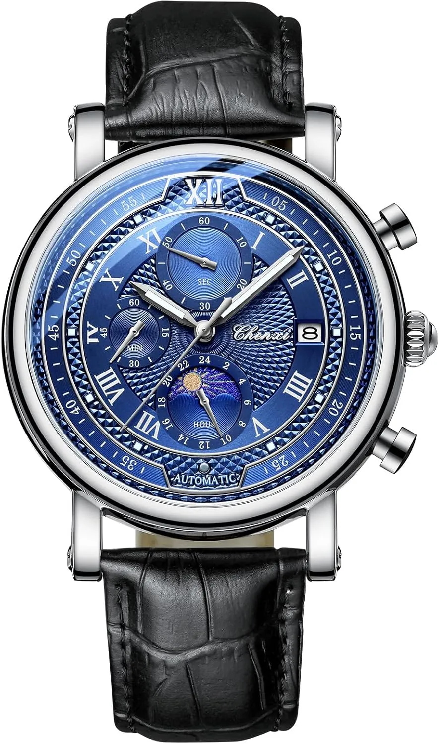 MASTOP Men's Fashionable Casual Leather Watch Classic Quartz Analog Business Wrist Watch Moon Dial Waterproof Watch with Auto Date Chronograph (Silver Blue)