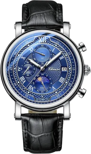 MASTOP Men's Fashionable Casual Leather Watch Classic Quartz Analog Business Wrist Watch Moon Dial Waterproof Watch with Auto Date Chronograph (Silver Blue)