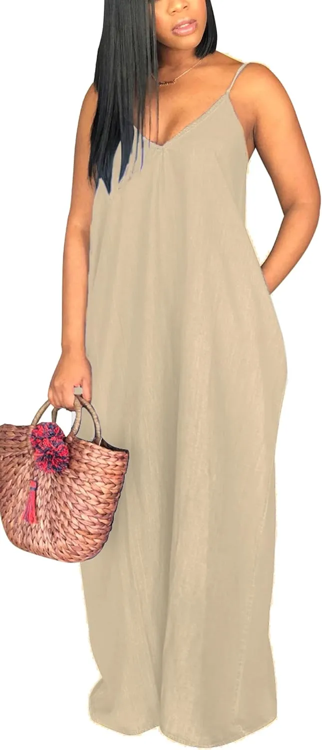 Maxi Dresses for Women Sexy Casual Spaghetti Strap Long Summer Sundress with Pockets