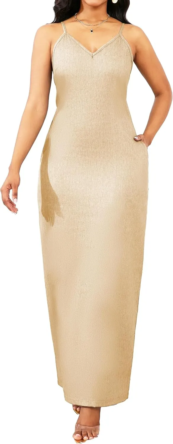 Maxi Dresses for Women Sexy Casual Spaghetti Strap Long Summer Sundress with Pockets