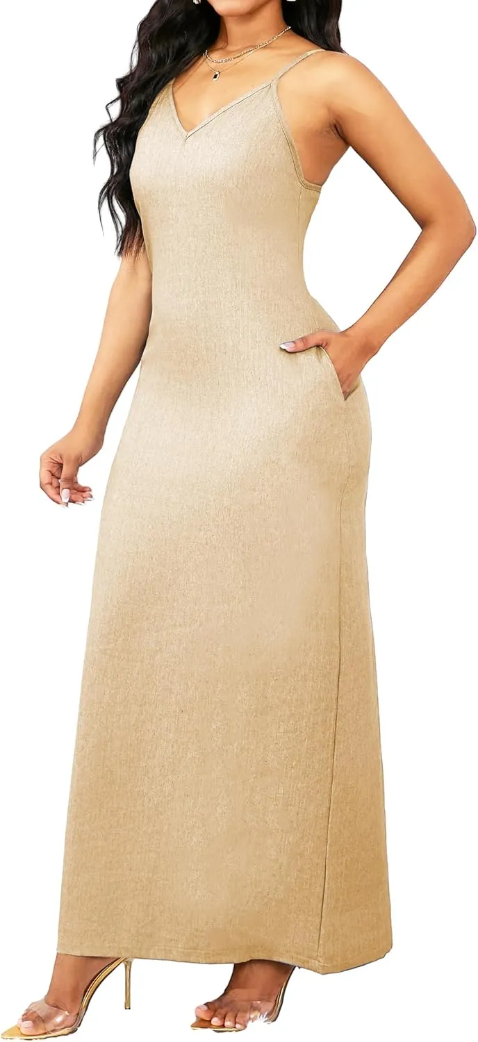 Maxi Dresses for Women Sexy Casual Spaghetti Strap Long Summer Sundress with Pockets