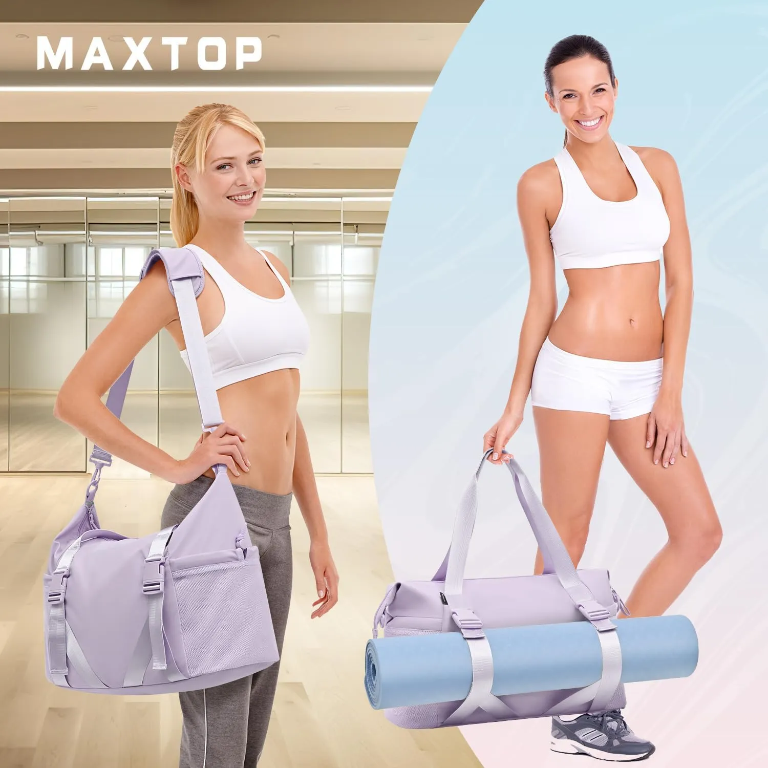 MAXTOP Women's Gym Yoga Duffle Bag with Shoe Pouch,Multi-Purpose Overnight Travel Bag for Gym,Work, Dance, Sports