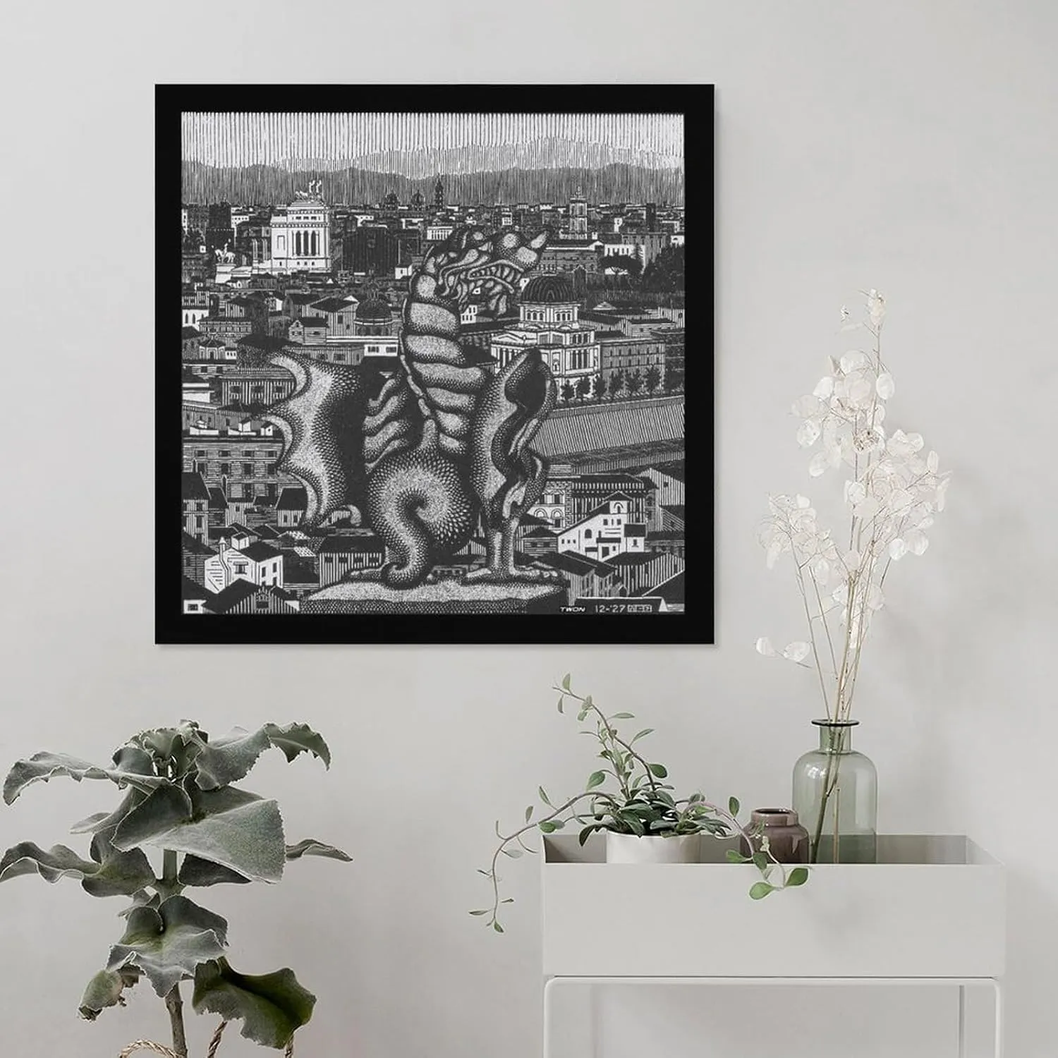 M.C. Escher Rome And The Griffin of Borgheses Placard Poster Cool Artworks Painting Wall Art Canvas Prints Hanging Picture Home Decor Posters 24x24inch(60x60cm)