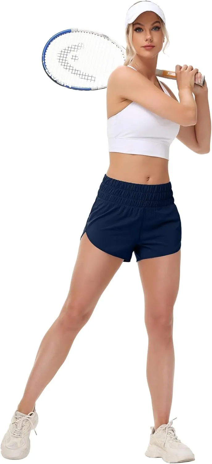 MCEDAR Womens High Waisted Running Shorts Elastic Mesh Liner Dolphin Athletic Gym Workout Shorts with Zipper Pocket