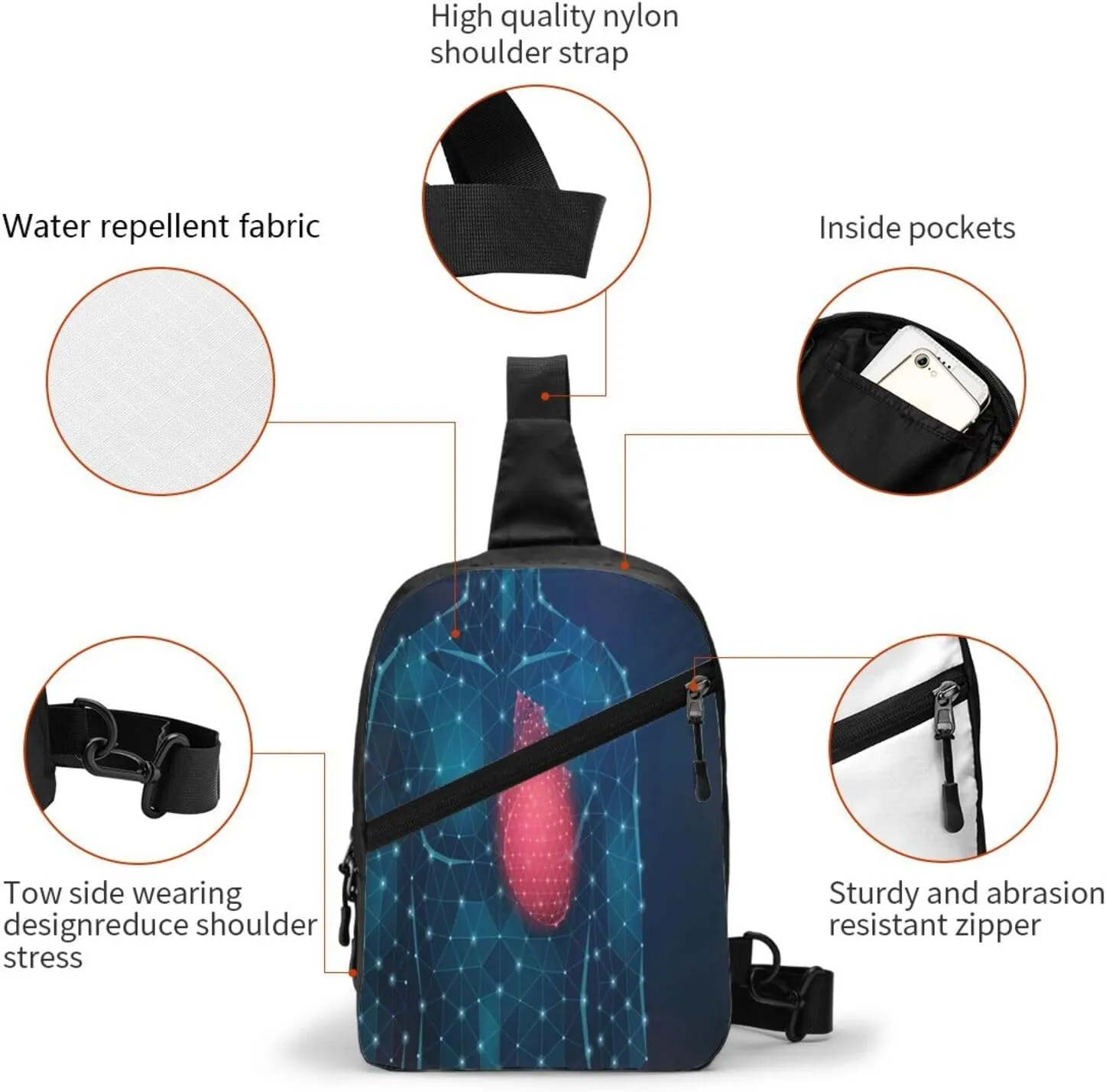 Medicine Science Heart Sling Bag for Men Women, Small Crossbody Sling Backpack Shoulder Chest Bag, Anti Theft Travel Hiking Sports