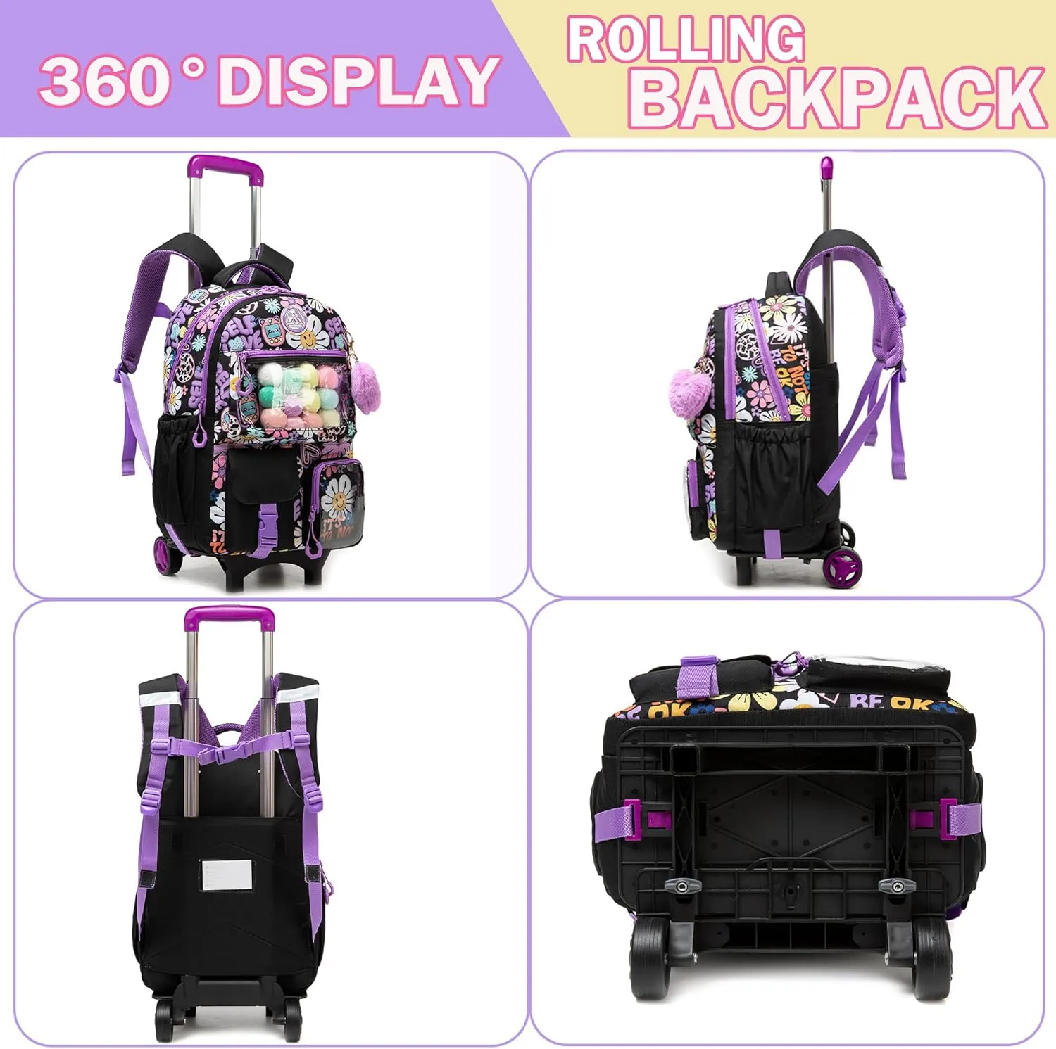 Meetbelify Backpack with Wheels for Girls Rolling Backpack Cute Carry on Backpack for Elementary Student