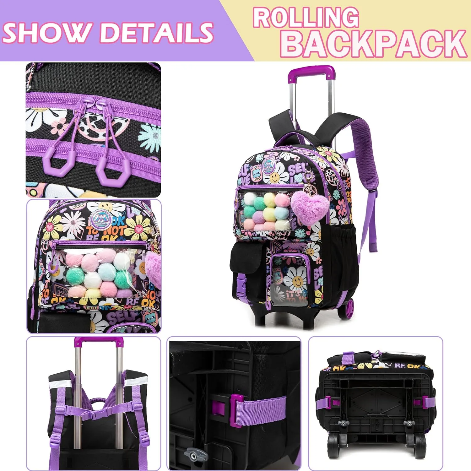 Meetbelify Backpack with Wheels for Girls Rolling Backpack Cute Carry on Backpack for Elementary Student