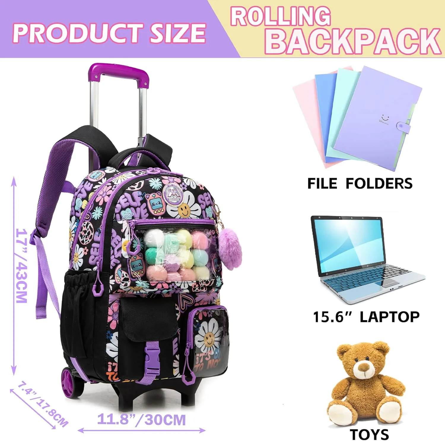 Meetbelify Backpack with Wheels for Girls Rolling Backpack Cute Carry on Backpack for Elementary Student