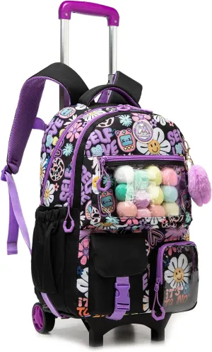 Meetbelify Backpack with Wheels for Girls Rolling Backpack Cute Carry on Backpack for Elementary Student