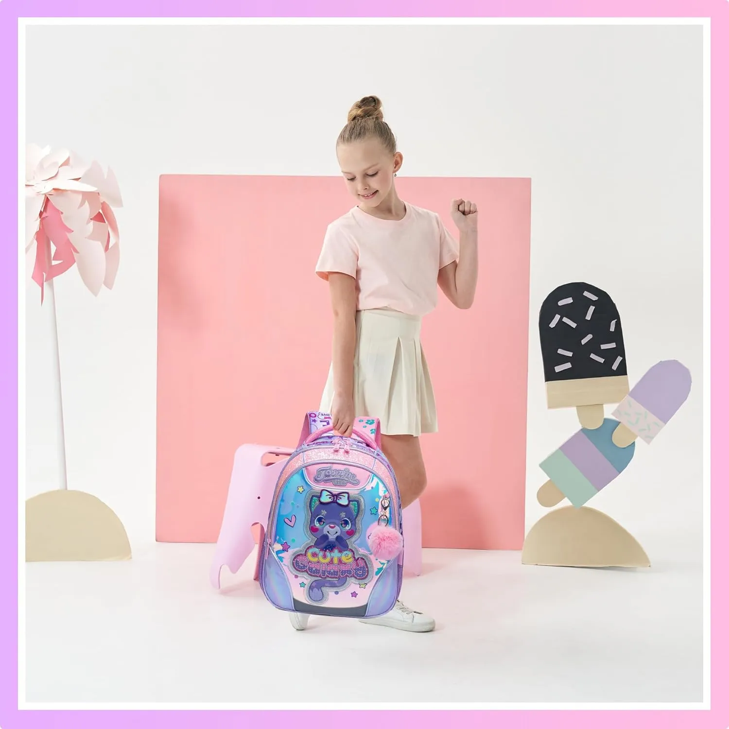 Meetbelify Backpacks for Girls School Bag Cute Cat Girls Backpacks Ages 8-10 with Lunch Box Kids Bookbag Set Travel Backpack for Elementary Students Backpack to School Supplies