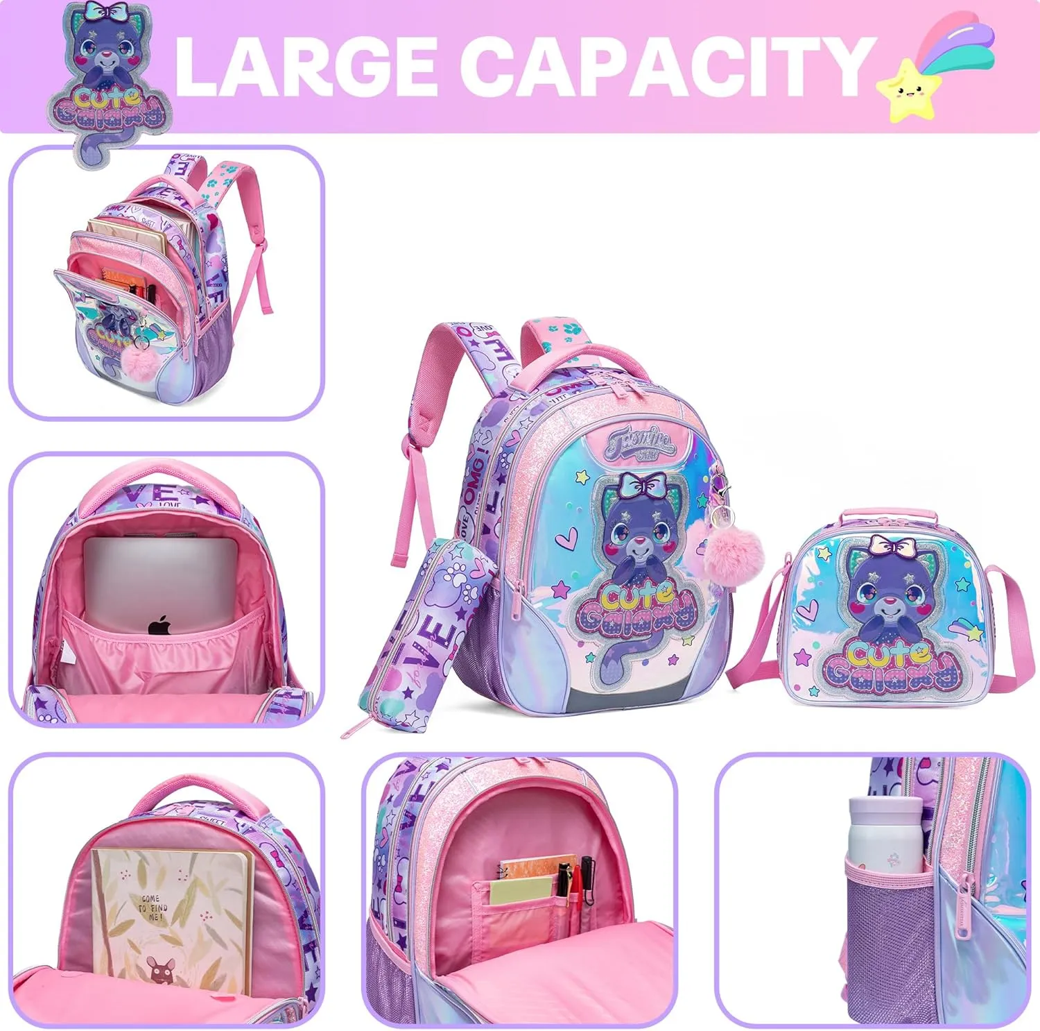 Meetbelify Backpacks for Girls School Bag Cute Cat Girls Backpacks Ages 8-10 with Lunch Box Kids Bookbag Set Travel Backpack for Elementary Students Backpack to School Supplies