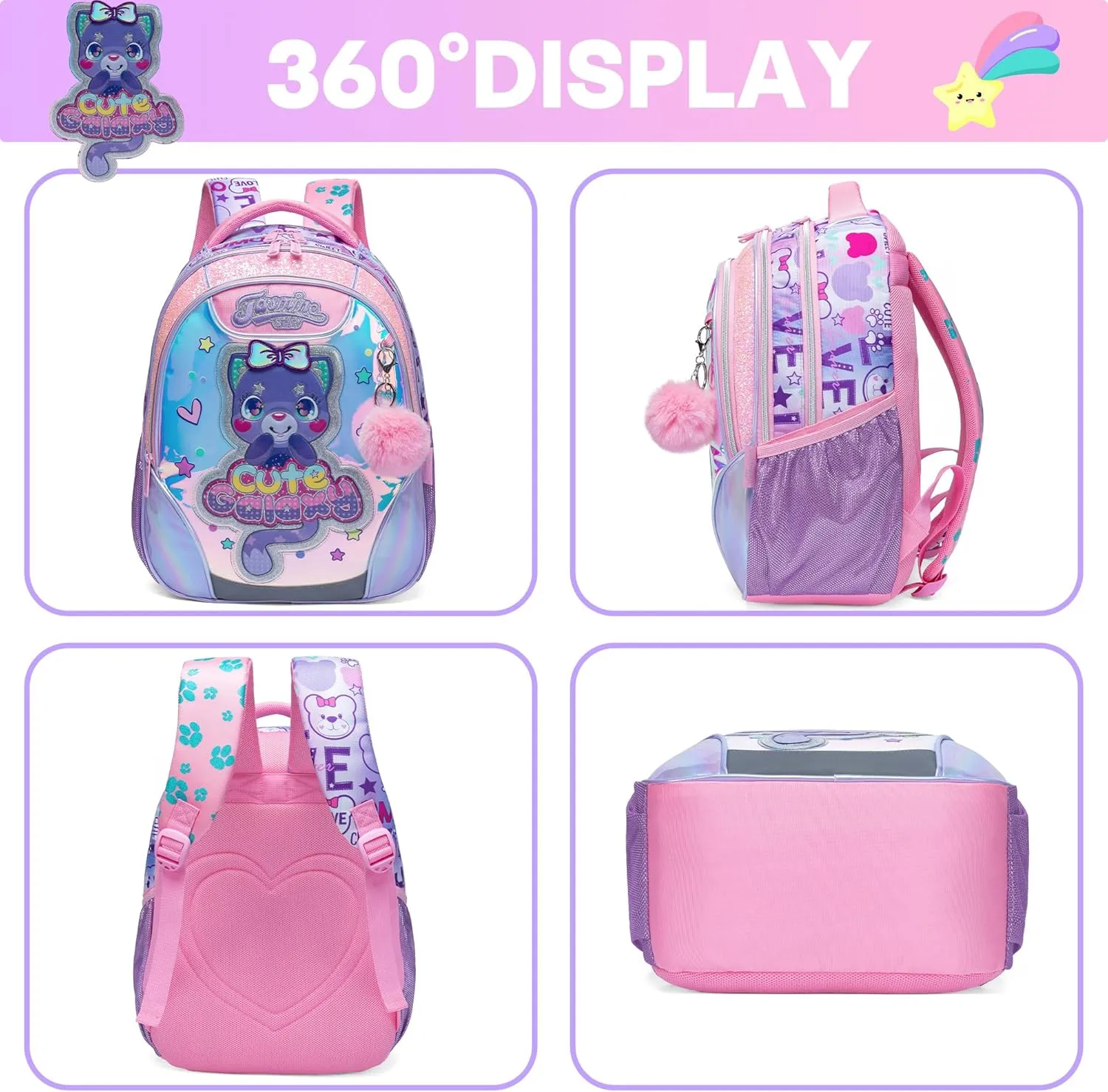 Meetbelify Backpacks for Girls School Bag Cute Cat Girls Backpacks Ages 8-10 with Lunch Box Kids Bookbag Set Travel Backpack for Elementary Students Backpack to School Supplies