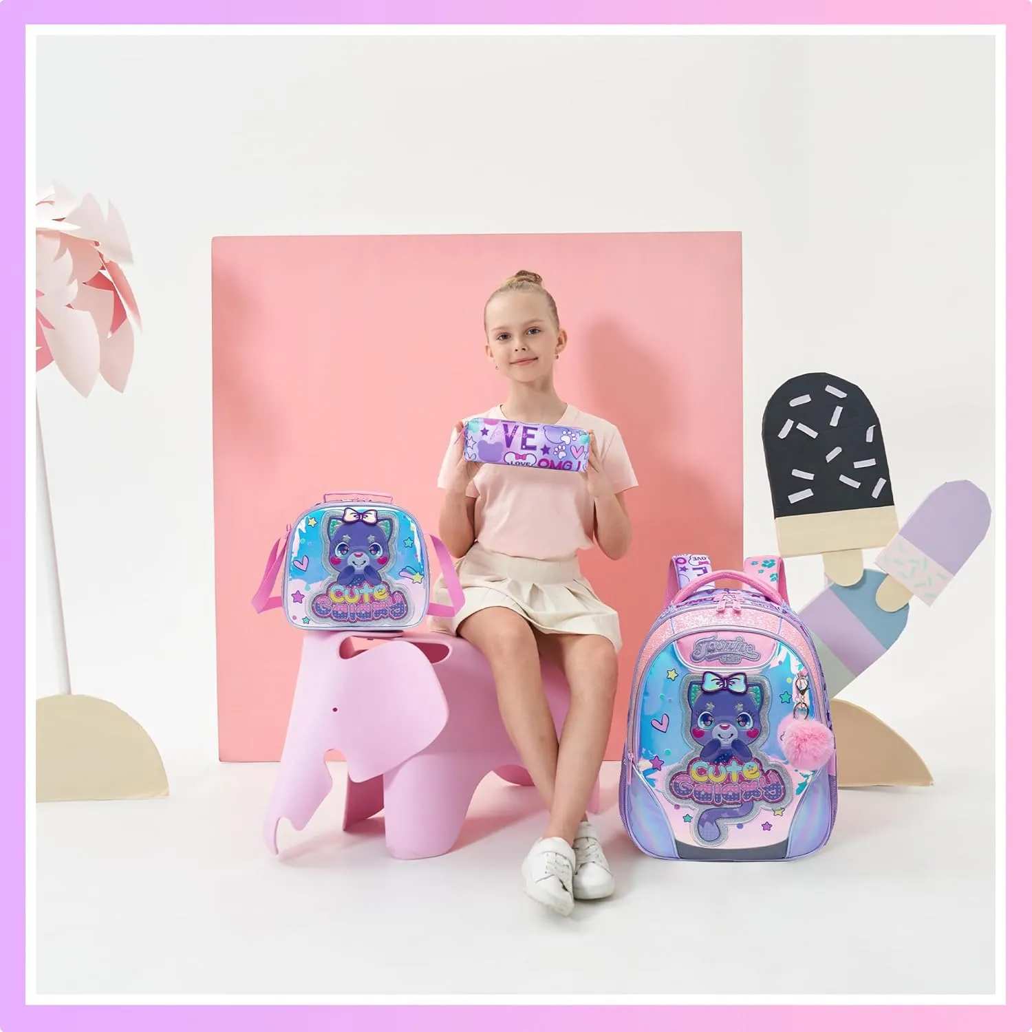 Meetbelify Backpacks for Girls School Bag Cute Cat Girls Backpacks Ages 8-10 with Lunch Box Kids Bookbag Set Travel Backpack for Elementary Students Backpack to School Supplies