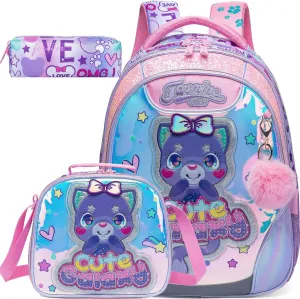Meetbelify Backpacks for Girls School Bag Cute Cat Girls Backpacks Ages 8-10 with Lunch Box Kids Bookbag Set Travel Backpack for Elementary Students Backpack to School Supplies