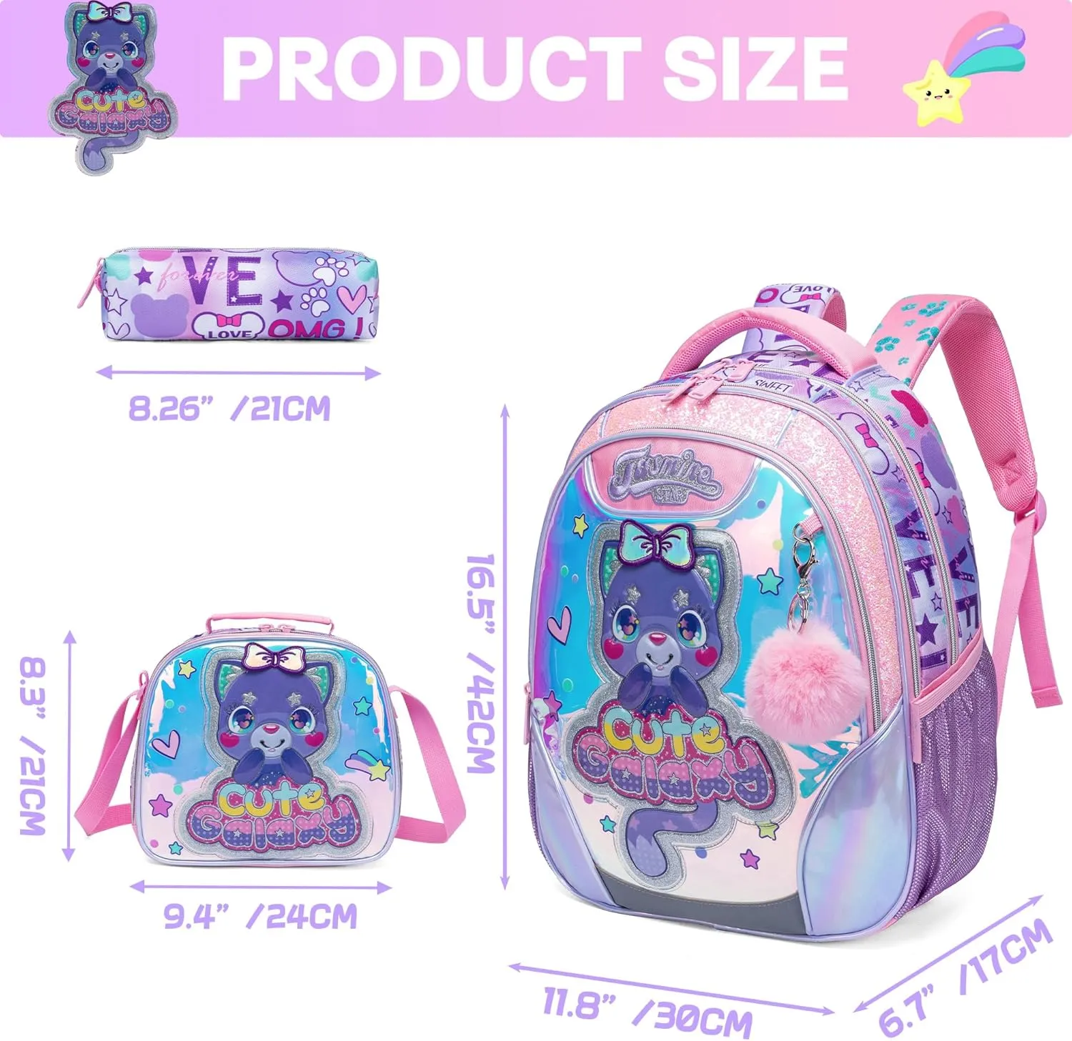 Meetbelify Backpacks for Girls School Bag Cute Cat Girls Backpacks Ages 8-10 with Lunch Box Kids Bookbag Set Travel Backpack for Elementary Students Backpack to School Supplies
