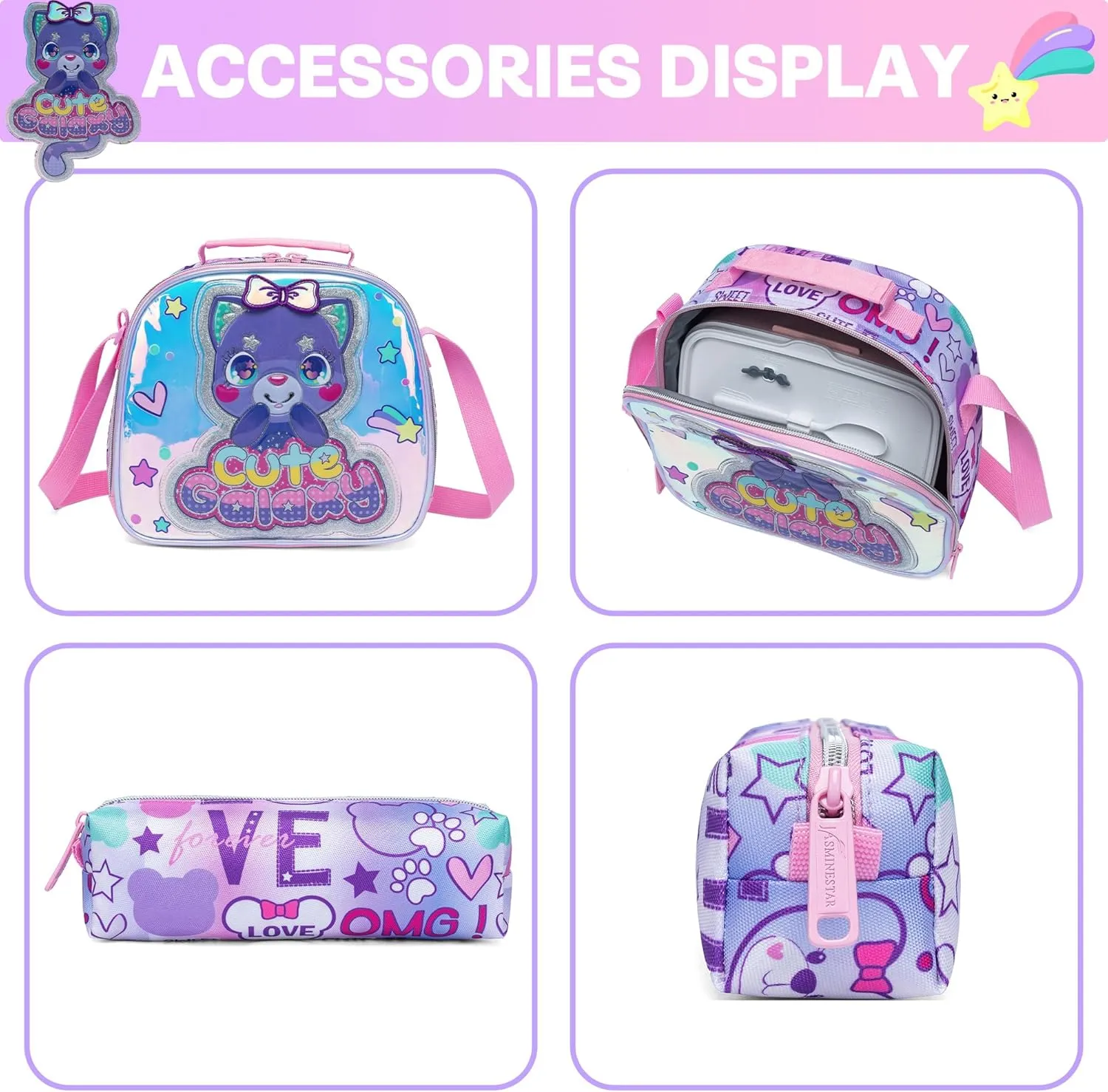 Meetbelify Backpacks for Girls School Bag Cute Cat Girls Backpacks Ages 8-10 with Lunch Box Kids Bookbag Set Travel Backpack for Elementary Students Backpack to School Supplies