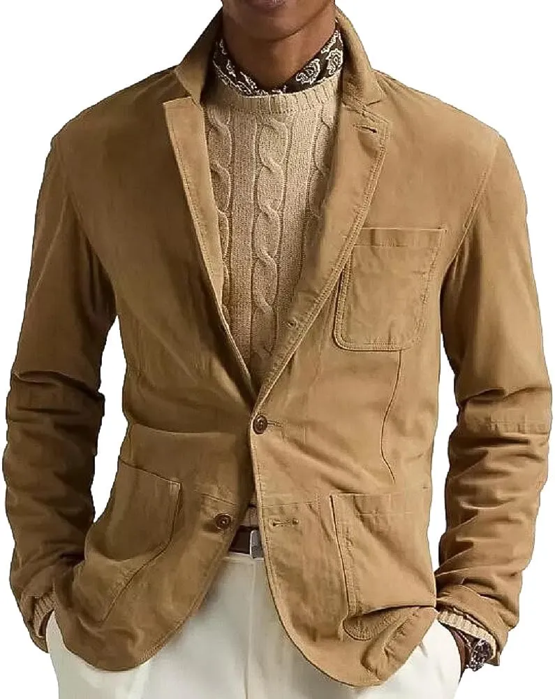 Men 2-Button Classic Suede Leather Blazer Sport Coat Jacket Single Breasted Blazer for Men