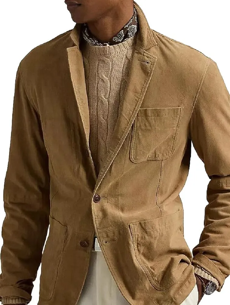 Men 2-Button Classic Suede Leather Blazer Sport Coat Jacket Single Breasted Blazer for Men