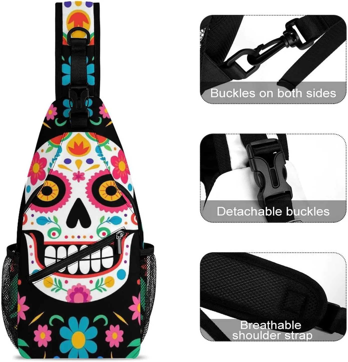 Men & Women Mexican Day Of Dead Flower Traditional Sugar Skull Sling Bag Backpack Outdoor Sport Daypack Travel Bag - Multipurpose Anti-Theft Tactical Satchel, Unbalance Chest Bag Rucksack