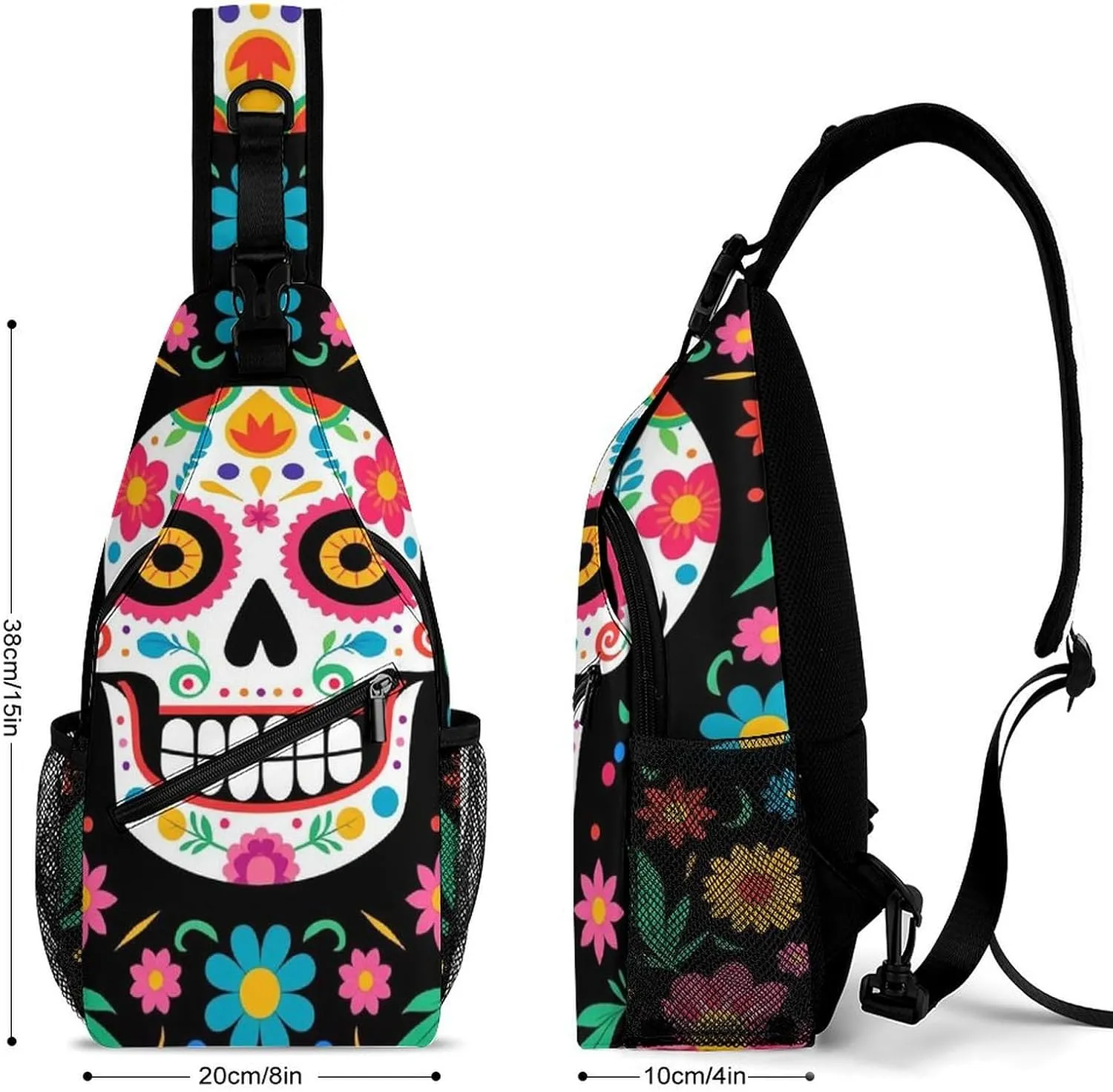 Men & Women Mexican Day Of Dead Flower Traditional Sugar Skull Sling Bag Backpack Outdoor Sport Daypack Travel Bag - Multipurpose Anti-Theft Tactical Satchel, Unbalance Chest Bag Rucksack