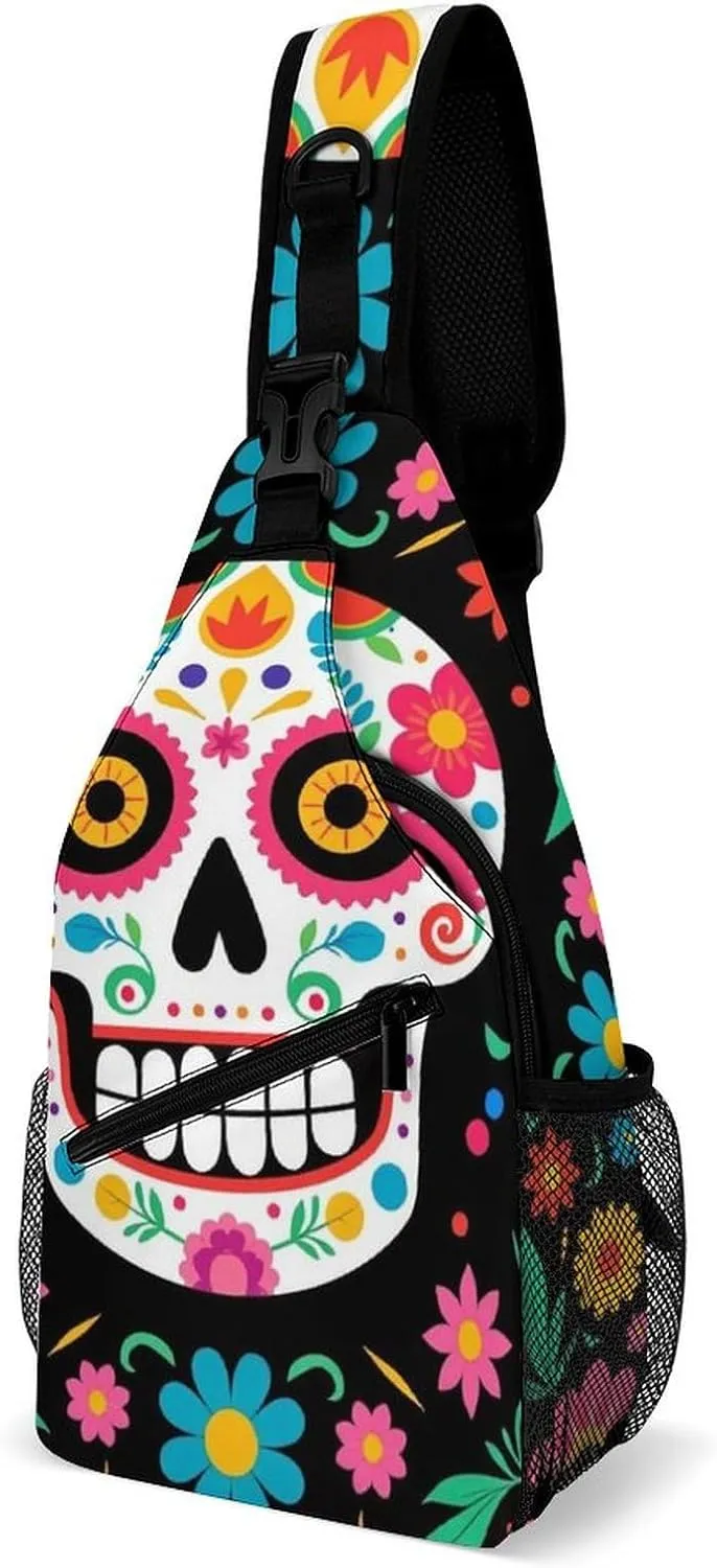 Men & Women Mexican Day Of Dead Flower Traditional Sugar Skull Sling Bag Backpack Outdoor Sport Daypack Travel Bag - Multipurpose Anti-Theft Tactical Satchel, Unbalance Chest Bag Rucksack