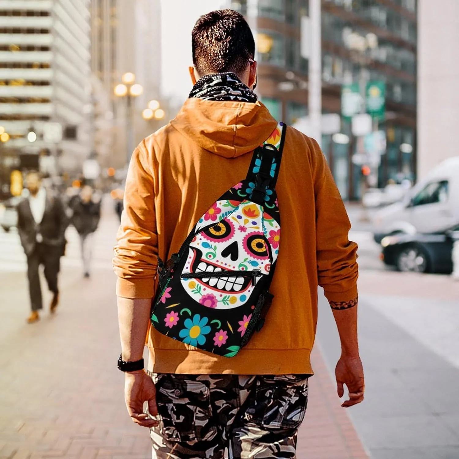 Men & Women Mexican Day Of Dead Flower Traditional Sugar Skull Sling Bag Backpack Outdoor Sport Daypack Travel Bag - Multipurpose Anti-Theft Tactical Satchel, Unbalance Chest Bag Rucksack