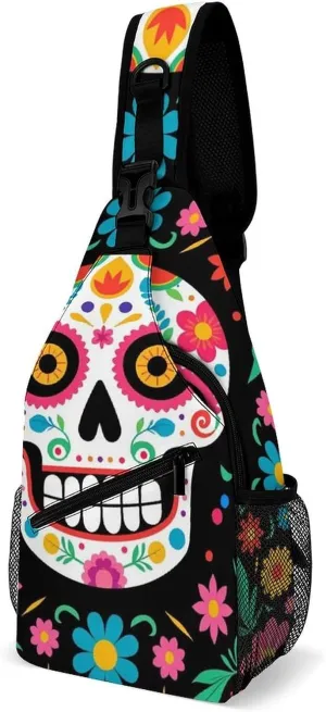 Men & Women Mexican Day Of Dead Flower Traditional Sugar Skull Sling Bag Backpack Outdoor Sport Daypack Travel Bag - Multipurpose Anti-Theft Tactical Satchel, Unbalance Chest Bag Rucksack
