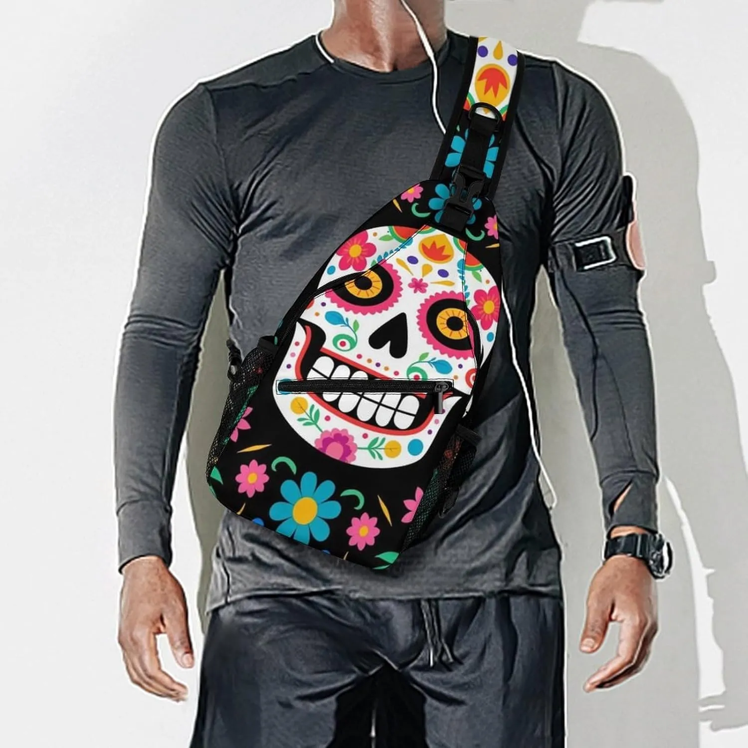 Men & Women Mexican Day Of Dead Flower Traditional Sugar Skull Sling Bag Backpack Outdoor Sport Daypack Travel Bag - Multipurpose Anti-Theft Tactical Satchel, Unbalance Chest Bag Rucksack