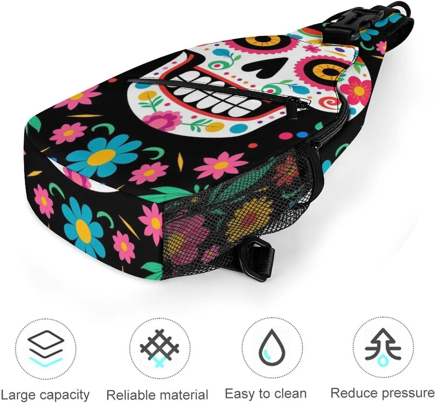 Men & Women Mexican Day Of Dead Flower Traditional Sugar Skull Sling Bag Backpack Outdoor Sport Daypack Travel Bag - Multipurpose Anti-Theft Tactical Satchel, Unbalance Chest Bag Rucksack
